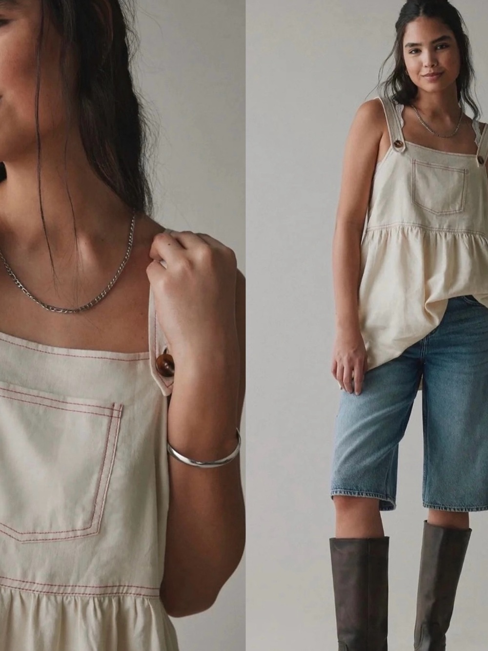 NWT ReMADE By UO Made In LA EcoVero™ Cream Linen Shortall Button-Straps Dress S